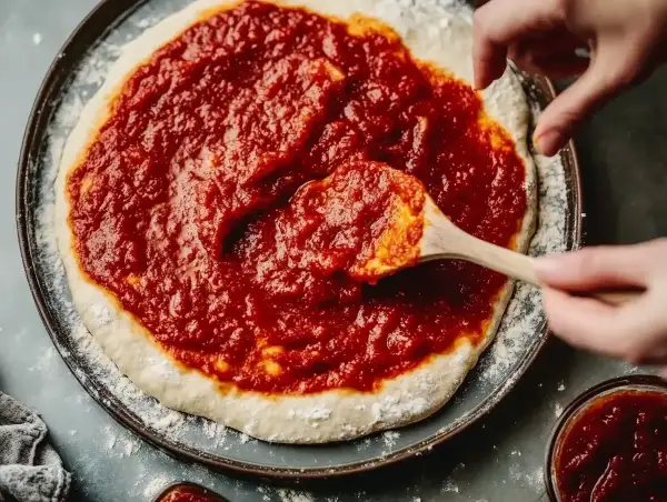 Händer sprider en generös mängd tomatsås till pizza på en pizzabotten med en träsked.