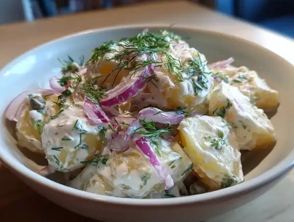 En krämig kall potatissallad med dill, rödlök och kapris. Perfekt till grillat eller som en del av en buffé.