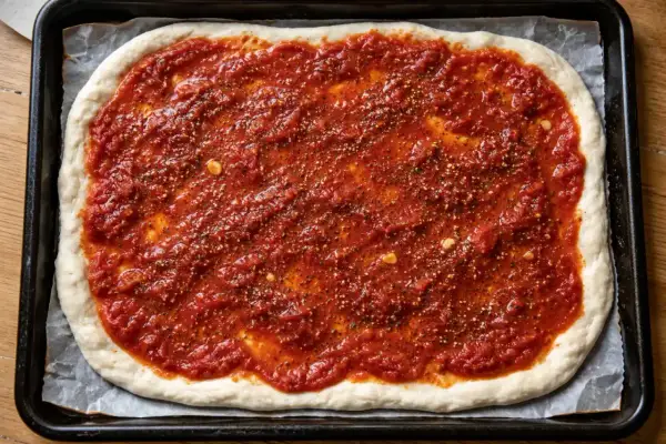 En pizzabotten täckt med en smakrik tomatsås, perfekt för ditt tomatsås recept. Kryddor och vitlök syns i såsen.