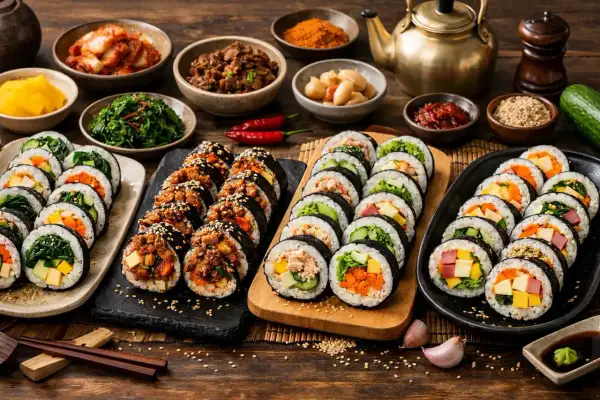 En generös uppsättning vegetarisk sushi med olika fyllningar, serverad med kimchi och andra tillbehör.