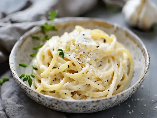 Krämig pasta med ostsås, toppad med parmesan och örter. Ett enkelt ostsås recept för en snabb middag.