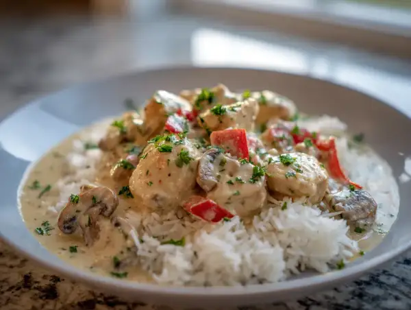 En krämig chicken a la king med ris, toppad med persilja och bitar av röd paprika.