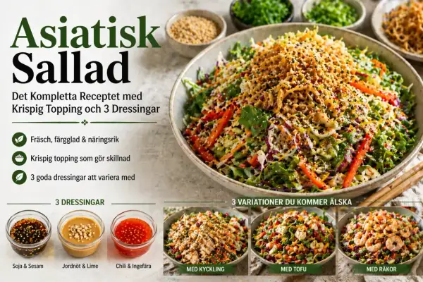 En fräsch, färgglad asiatisk sallad med krispig topping och tre olika dressingar: soja & sesam, jordnöt & lime, samt chili & ingefära.